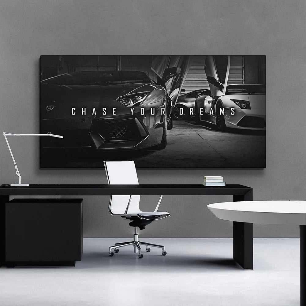 EZPZ Chase Your Dream Quote Luxury Sports Car Motivational Canvas And Poster Wall Art Print Inspirational Entrepreneur Office Decor