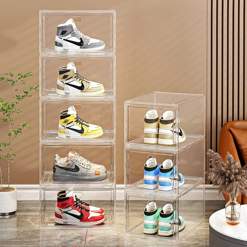 EZPZ Large Sneaker Organizer Box Thickened Transparent Shoe Box with Magnetic Closure Stackable Multi-Layer Shoe Storage Organizer