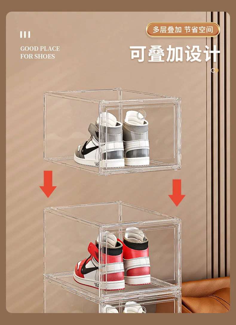 EZPZ Large Sneaker Organizer Box Thickened Transparent Shoe Box with Magnetic Closure Stackable Multi-Layer Shoe Storage Organizer