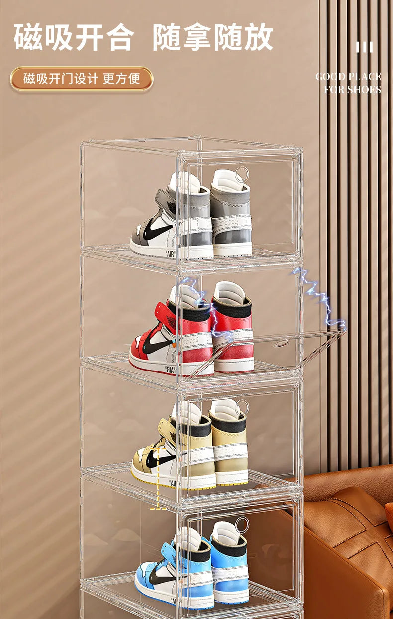 EZPZ Large Sneaker Organizer Box Thickened Transparent Shoe Box with Magnetic Closure Stackable Multi-Layer Shoe Storage Organizer