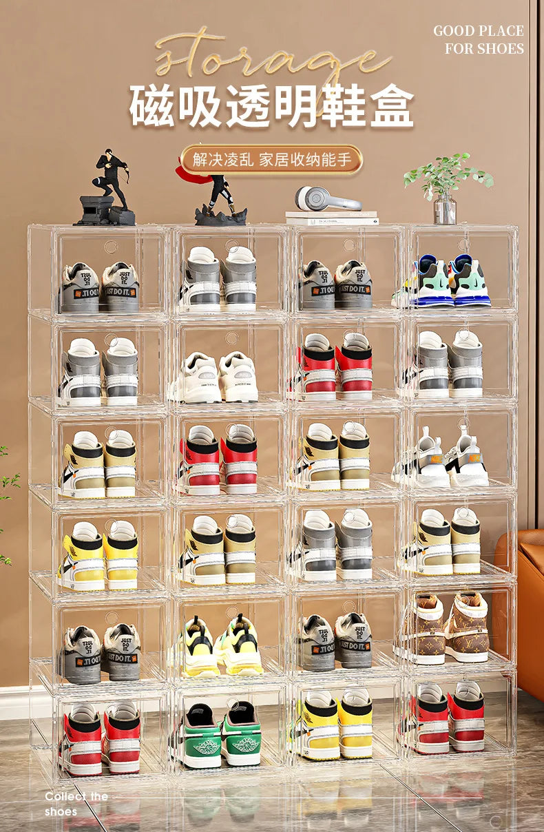 EZPZ Large Sneaker Organizer Box Thickened Transparent Shoe Box with Magnetic Closure Stackable Multi-Layer Shoe Storage Organizer